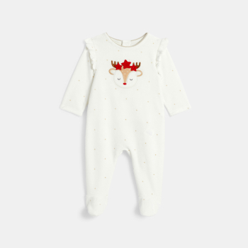 بيجاما مخملية للطفلة الرضيعة عليها رسم ظبي أبيض لامع